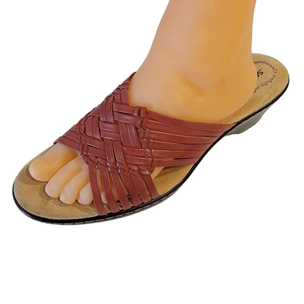 Softspots Leather Wedge Sandals Women‎ 10 N Wedge Burgundy Comfort Shoe